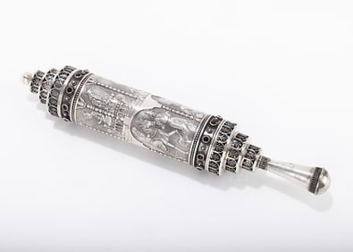 A STERLING SILVER MEGILLAH CASE WITH ORIGINAL MEGILLAH. Israel, 20th century. Most likely by Yemini.