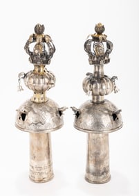 A PAIR OF EARLY AND LARGE SILVER TORAH FINIALS. Minsk or Kaminetz-Podolsk, c. 1860. On large staves