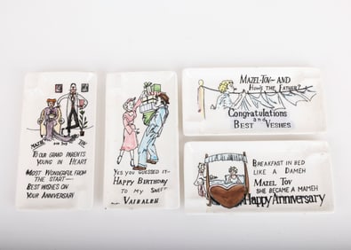 A COLLECTION OF FOUR YIDDISH HUMOR ASH TRAYS. America/Japan, c.1960. Written in Yiddish, English and