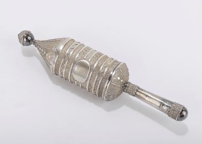 A SILVER FILIGREE MEGILLAH CASE WITH ORIGINAL MEGILLAH BY THE BEZALEL SCHOOL. Jerusalem, c. 1940.