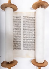 A SEFER TORAH. Poland, c. 1920. Ashkenaz Beis Yosef. 20.5â€? klaf. Decent condition with many
