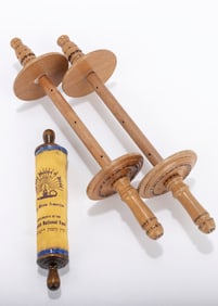 A PAIR OF OLIVEWOOD EYTZ CHAIM AND A JEWISH NATIONAL FUND SPONSORED PSALMS SCROLL. The finials will