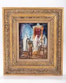 ZVI RAPHAELI. Synagogue Scene. Oil on board.