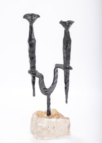 DAVID PALUMBO (1920 - 1966, Israel) Sabbath candlesticks made out of black gunmetal on a Jerusalem