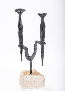 DAVID PALUMBO (1920 - 1966, Israel) Sabbath candlesticks made out of black gunmetal on a Jerusalem: DAVID PALUMBO (1920 - 1966, Israel) Sabbath candlesticks made out of black gunmetal on a Jerusalem stone base. 12" tall.