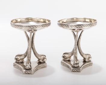A PAIR OF HEAVY SILVER MASTER SALTS. Austro-Hungarian Empire, 1804. Each on  a round base with three