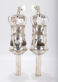 A PAIR OF LARGE SILVER TORAH FINIALS. Germany, c. 1800. In architectural form. Decorated with open