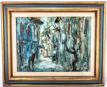 ZVI RAPHALEI. Israel, c. 1985. Oil on canvas. Old city scene. 15 inches x 11 inches in a 21 inch x