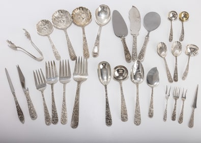 AN ASSEMBLED SET OF STERLING SILVER SERVING PIECES BY KIRK. Including 27 serving pieces of various