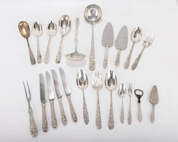 AN ASSEMBLED SET OF STERLING SILVER REPOUSEE SERVING AND OTHER RANDOM PIECES Including 13 serving