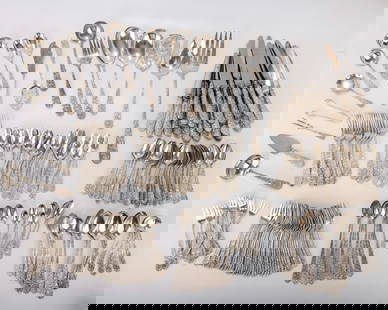 AN ASSEMBLED SET OF STERLING SILVER FLATWARE BY STEIFF. Including 38 sporks (5.8â€?), 12: AN ASSEMBLED SET OF STERLING SILVER FLATWARE BY STEIFF. Including 38 sporks (5.8"), 12 dinner forms (6.7"), 13 pickle forks (5.7"), 36 salad forks( 6.2"), 48 teaspoons (5.7"), 9 small spoons (4.2") an
