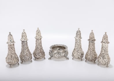 A SET OF SIX STERLING SILVER SALT AND PEPPER SHAKERS BY STIEFF. Each piece is 4.2 inches tall.