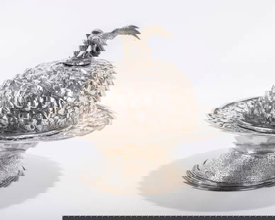 A STERLING SILVER COVERED DISH BY KIRK.  Hand embossed in repousee design.  6.7 inches wide. 13.64: A STERLING SILVER COVERED DISH BY KIRK. Hand embossed in repousee design. 6.7 inches wide. 13.64 ozt.