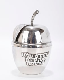 A BIER STERLING SILVER HONEY DISH. Israel, c. 1990. In the shape of an apple with applied Hebrew