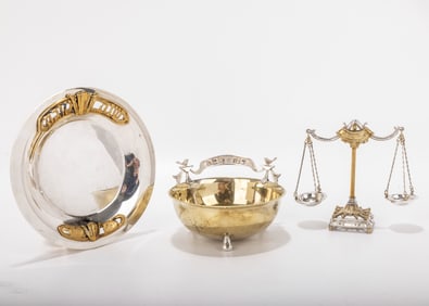 A GROUP OF SILVER AND BRASS JUDAICA BY SWED MASTER SILVERSMITHS. Jerusalem, c. 1990. Including a