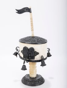 A LARGE SILVER AND BONE SPICE CONTAINER. Israel, c. 1950 On a chased silver base with a bone shaft