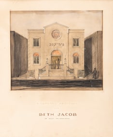A HAND PAINTED WATERCOLOR OF THE BETH JACOB SYNAGOGUE. West Philadelphia, c. 1920. Further decorated