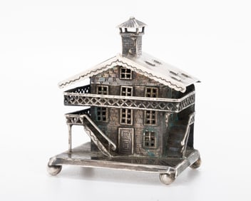A SILVER HOUSE MODEL SPICE CONTAINER. The Netherlands, c.1900.  On a square base with balled feet.