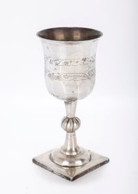 A LARGE SILVER KIDDUSH GOBLET. Poland, c. 1830. Exceptionally large for the style. On a flat base