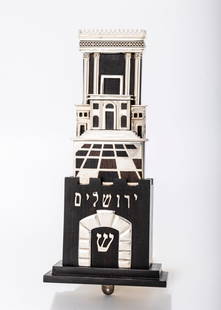 FINE EBONY AND SILVER MEZUZAH BY CATRIEL SUGARMAN. Jerusalem. 1996.Hand made in the form of the: FINE EBONY AND SILVER MEZUZAH BY CATRIEL SUGARMAN. Jerusalem. 1996.Hand made in the form of the entrance to the Temple of Jerusalem, .With the Hebrew silver letters "Shin & Jerusalem. Signed in hebrew