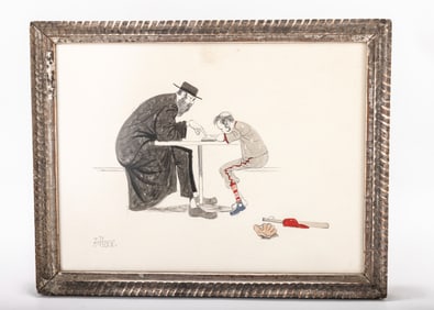 AN INK ON PAPER BY J. HERR. American, c. 1960. Of a Hasidic man and a young boy learning from a