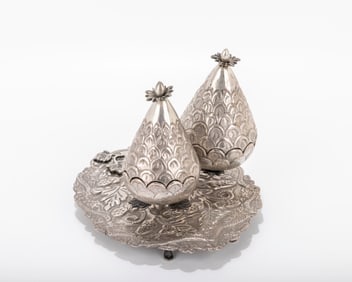 A SILVER SPICE CONTAINER. Probably Ottoman Empire, late 19th century. Made completely of hand chased