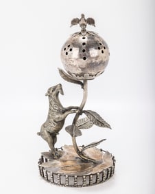 A LARGE SILVER SPICE CONTAINER. Probably Israel, c. 1970. Polish style. On an embossed round base