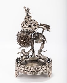 A LARGE SILVER SPICE CONTAINER. Probably Israel, c. 1970. Polish style. On an embossed round base