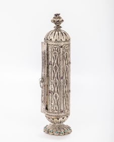 A PARCEL GILT MEGILLAH HOLDER WITH MEGILLAH. Possibly Israel, 20th century. On a filigree standing