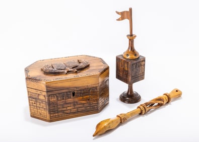 AN OLIVEWOOD ETROG BOX, SPICE BOX AND POINTER. Holy Land, 20th century. The etrog box is carved with