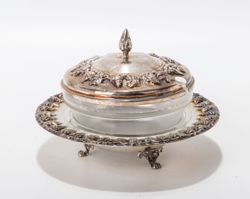 A STERLING SILVER HONEY DISH BY HAZORFIM. Israel, modern. Traditional form with glass insert. 126