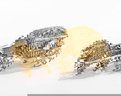 A FILIGREE SPICE CONTAINER. Continental, modern. In the shape of a horse driven wagon: A FILIGREE SPICE CONTAINER. Continental, modern. In the shape of a horse driven wagon. 5" long.