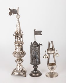 THREE SILVER SPICE CONTAINERS. Including a large Polish style (10.2â€?), a clocktower(