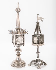 TWO SILVER SPICE TOWERS. A large Russian example crafted in 1884, now lacking bells and an Austrian