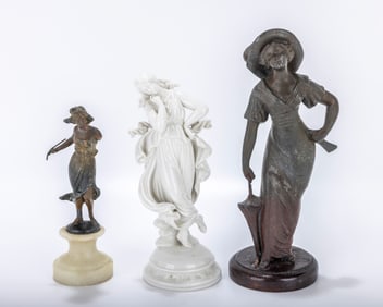 THREE FIGURINES OF WOMEN. Including two bronze and one fine bone china. On bronze now broken. The