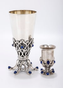A LARGE AND SMALL HAND CRAFTED ARTISAN KIDDUSH CUP. Israel, c. 2000. Each of the six leg supports