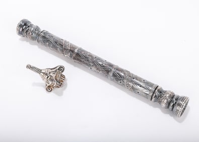 A STERLING SILVER FOIL SPICE TUBE AND DREIDEL. Israel, modern. The tube is 12.2 inches long and the