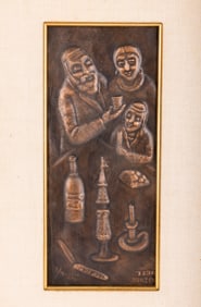 ARIEH MERZER (School of Paris, 1905-1976) Copper relief panel of a family making kiddush. 5â€?