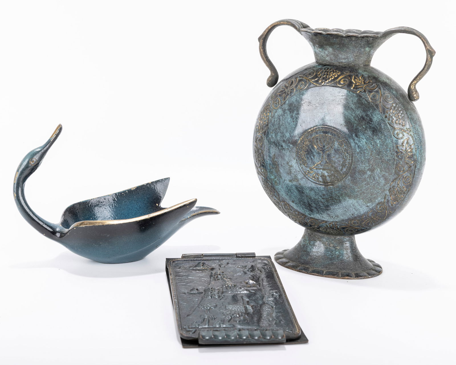 A GROUP OF PALL BELL DECORATIVE OBJECTS. Israel, c. 1955. Including a vase, a notepad and a duck: A GROUP OF PALL BELL DECORATIVE OBJECTS. Israel, c. 1955. Including a vase, a notepad and a duck shaped dish.