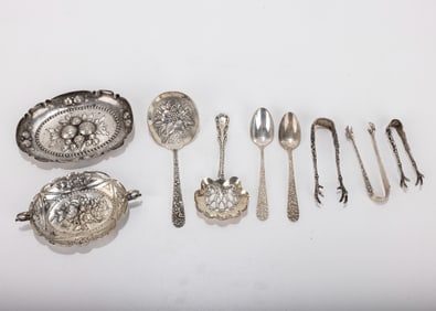 A GROUP OF SILVER TABLEWARE OBJECTS. Including items from Steiff, Kirk and two German dishes. Total