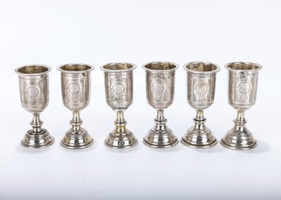 A GROUP OF SIX MATCHING SILVER GOBLETS. Vienna, c. 1920. Each on a round, engraved base with a