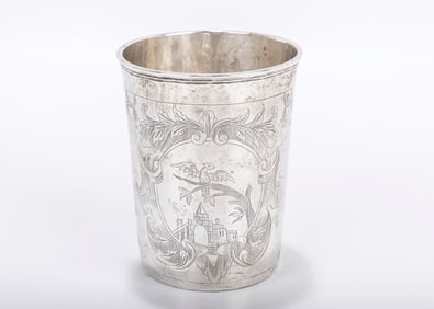 A LARGE 18TH CENTURY SILVER BEAKER. Moscow, 1775. Highly decorated with birds, a church and flowing
