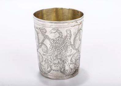 A LARGE 18TH CENTURY SILVER BEAKER. Moscow. Highly decorated with multiple birds and  flowing