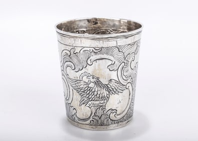 A LARGE 18TH CENTURY SILVER BEAKER. Moscow. Highly decorated with multiple birds and  flowing