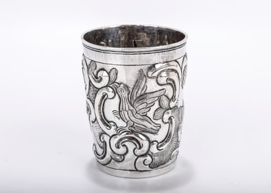A LARGE 18TH CENTURY SILVER BEAKER. Moscow, 1780. Highly decorated with multiple birds and  flowing