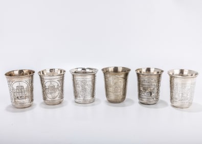 A GROUP OF  SIX SILVER RUSSIAN KIDDUSH BEAKERS. Russia, varying 19th century dates. Each hand
