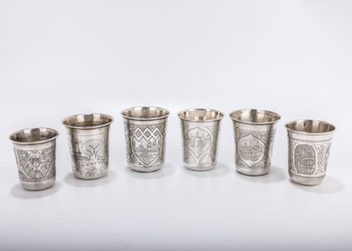 A GROUP OF  SIX SILVER RUSSIAN KIDDUSH BEAKERS. Russia, varying 19th century dates. Each hand