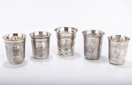 A GROUP OF  FIVE SILVER RUSSIAN KIDDUSH BEAKERS. Russia, varying 19th century dates. Each hand