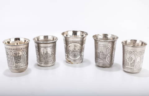 A GROUP OF FIVE SILVER RUSSIAN KIDDUSH BEAKERS. Russia, varying 19th century dates. Each hand: A GROUP OF FIVE SILVER RUSSIAN KIDDUSH BEAKERS. Russia, varying 19th century dates. Each hand engraved with bright cut designs. Average height is 3.2 inches tall. The total weight is 436 grams. One wi