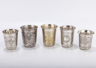 A GROUP OF FIVE SILVER RUSSIAN KIDDUSH BEAKERS. Russia, varying 19th century dates. Each hand